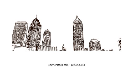 Downtown road with building view of Atlanta City in Georgia, USA. Hand drawn sketch illustration in vector.