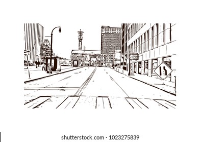 Downtown road with building view of Atlanta City in Georgia, USA. Hand drawn sketch illustration in vector.