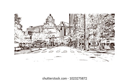 Downtown road with building view of Atlanta City in Georgia, USA. Hand drawn sketch illustration in vector.