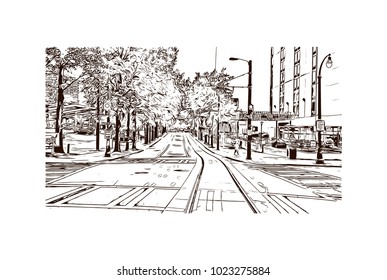 Downtown road with building view of Atlanta City in Georgia, USA. Hand drawn sketch illustration in vector.
