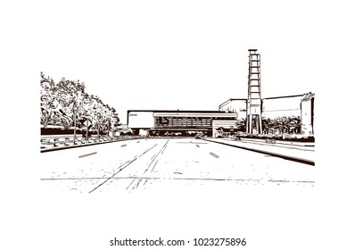 Downtown road with building view of Atlanta City in Georgia, USA. Hand drawn sketch illustration in vector.
