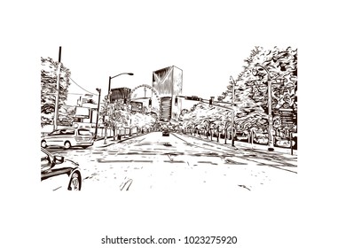 Downtown road with building view of Atlanta City in Georgia, USA. Hand drawn sketch illustration in vector.