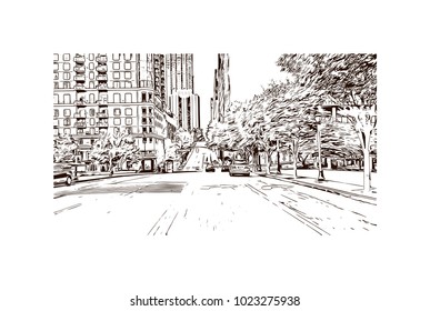 Downtown road with building view of Atlanta City in Georgia, USA. Hand drawn sketch illustration in vector.