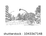 Downtown road and building view of Hamburg, a major port city in northern Germany, is connected to the North Sea by the Elbe River. Hand drawn sketch illustration in vector.