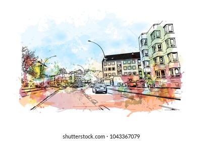 Downtown road and building view of Hamburg, a major port city in northern Germany, is connected to the North Sea by the Elbe River. Watercolor splash with Hand drawn sketch illustration in vector.