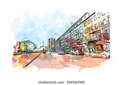 Downtown road and building view of Hamburg, a major port city in northern Germany, is connected to the North Sea by the Elbe River. Watercolor splash with Hand drawn sketch illustration in vector.