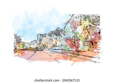 Downtown road and building view of Hamburg, a major port city in northern Germany, is connected to the North Sea by the Elbe River. Watercolor splash with Hand drawn sketch illustration in vector.