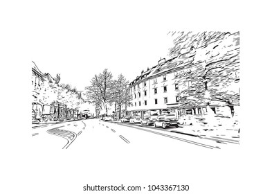 Downtown road and building view of Hamburg, a major port city in northern Germany, is connected to the North Sea by the Elbe River. Hand drawn sketch illustration in vector.