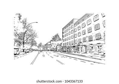 Downtown road and building view of Hamburg, a major port city in northern Germany, is connected to the North Sea by the Elbe River. Hand drawn sketch illustration in vector.