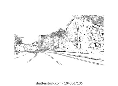 Downtown road and building view of Hamburg, a major port city in northern Germany, is connected to the North Sea by the Elbe River. Hand drawn sketch illustration in vector.