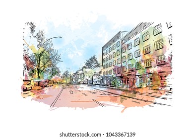Downtown road and building view of Hamburg, a major port city in northern Germany, is connected to the North Sea by the Elbe River. Watercolor splash with Hand drawn sketch illustration in vector.