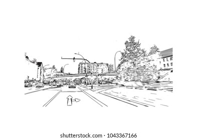 Downtown road and building view of Hamburg, a major port city in northern Germany, is connected to the North Sea by the Elbe River. Hand drawn sketch illustration in vector.