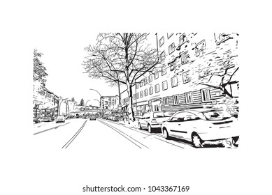 Downtown road and building view of Hamburg, a major port city in northern Germany, is connected to the North Sea by the Elbe River. Hand drawn sketch illustration in vector.
