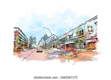 Downtown road and building view of Hamburg, a major port city in northern Germany, is connected to the North Sea by the Elbe River. Watercolor splash with Hand drawn sketch illustration in vector.