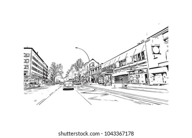 Downtown road and building view of Hamburg, a major port city in northern Germany, is connected to the North Sea by the Elbe River. Hand drawn sketch illustration in vector.