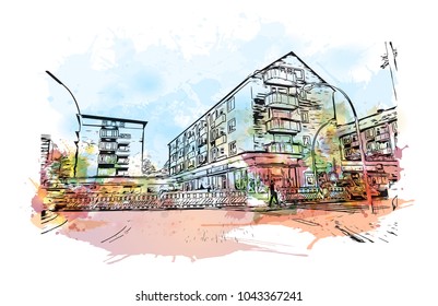 Downtown road and building view of Hamburg, a major port city in northern Germany, is connected to the North Sea by the Elbe River. Watercolor splash with Hand drawn sketch illustration in vector.