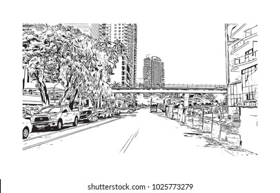 Downtown with road and building view of Miami City in Florida, USA. Hand drawn sketch illustration in vector.