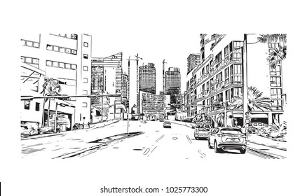 Downtown with road and building view of Miami City in Florida, USA. Hand drawn sketch illustration in vector.