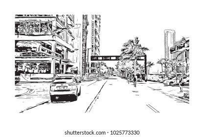 Downtown with road and building view of Miami City in Florida, USA. Hand drawn sketch illustration in vector.