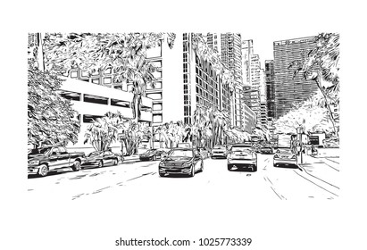 Downtown with road and building view of Miami City in Florida, USA. Hand drawn sketch illustration in vector.