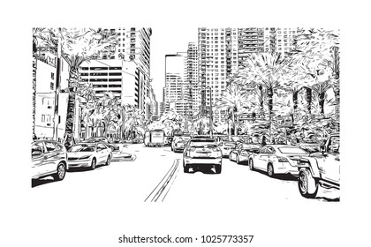 Downtown with road and building view of Miami City in Florida, USA. Hand drawn sketch illustration in vector.