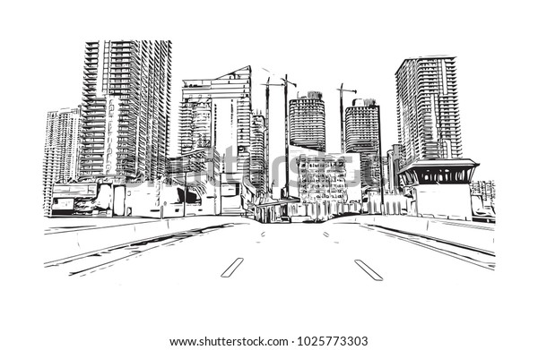 米国フロリダ州マイアミ市の街道と建物を望むダウンタウン 手描きのスケッチイラスト ベクター画像 のベクター画像素材 ロイヤリティフリー
