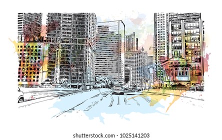 Downtown road view with buildings of Miami City in Florida, USA. Watercolor splash with Hand drawn sketch illustration in vector.
