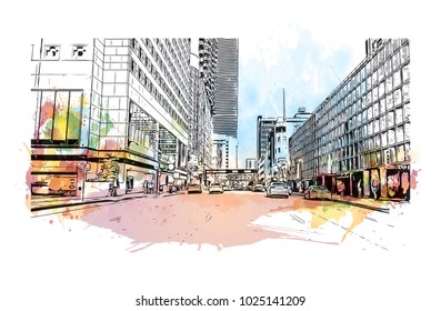 Downtown road view with buildings of Miami City in Florida, USA. Watercolor splash with Hand drawn sketch illustration in vector.