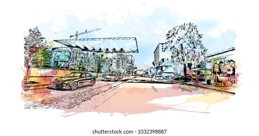 Downtown road view with buildings of Orlando City in Florida, USA. Watercolor splash with Hand drawn sketch illustration in vector.