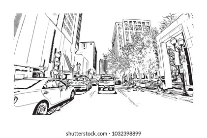 Downtown road view with buildings of Orlando City in Florida, USA. Hand drawn sketch illustration in vector.