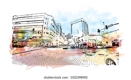 Downtown road view with buildings of Orlando City in Florida, USA. Watercolor splash with Hand drawn sketch illustration in vector.