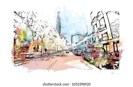 Downtown road view with buildings of Orlando City in Florida, USA. Watercolor splash with Hand drawn sketch illustration in vector.