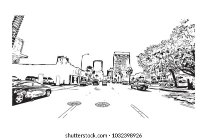 Downtown road view with buildings of Orlando City in Florida, USA. Hand drawn sketch illustration in vector.