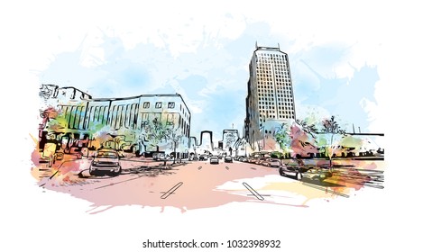 Downtown road view with buildings of Orlando City in Florida, USA. Watercolor splash with Hand drawn sketch illustration in vector.