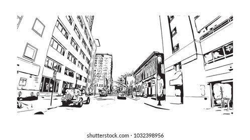 Downtown road view with buildings of Orlando City in Florida, USA. Hand drawn sketch illustration in vector.