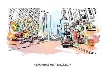 Downtown road view with buildings of Orlando City in Florida, USA. Watercolor splash with Hand drawn sketch illustration in vector.