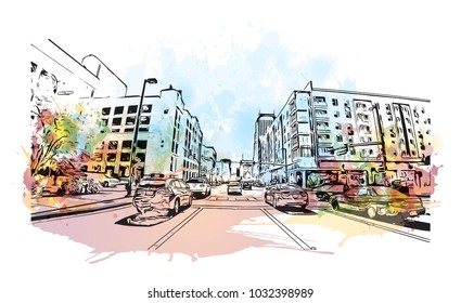 Downtown road view with buildings of Orlando City in Florida, USA. Watercolor splash with Hand drawn sketch illustration in vector.