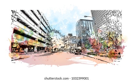 Downtown road view with buildings of Orlando City in Florida, USA. Watercolor splash with Hand drawn sketch illustration in vector.