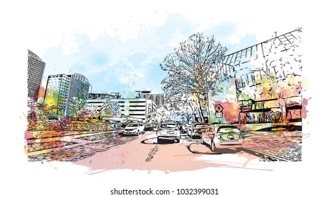 Downtown road view with buildings of Orlando City in Florida, USA. Watercolor splash with Hand drawn sketch illustration in vector.