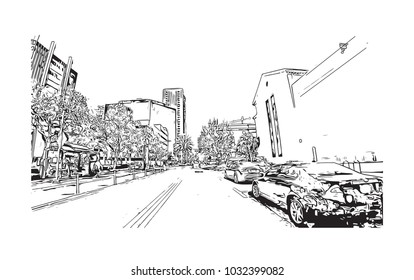 Downtown road view with buildings of Orlando City in Florida, USA. Hand drawn sketch illustration in vector.