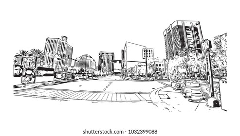 Downtown road view with buildings of Orlando City in Florida, USA. Hand drawn sketch illustration in vector.