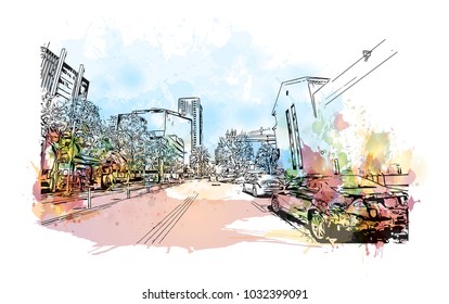 Downtown road view with buildings of Orlando City in Florida, USA. Watercolor splash with Hand drawn sketch illustration in vector.