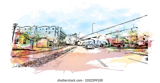 Downtown road view with buildings of Orlando City in Florida, USA. Watercolor splash with Hand drawn sketch illustration in vector.