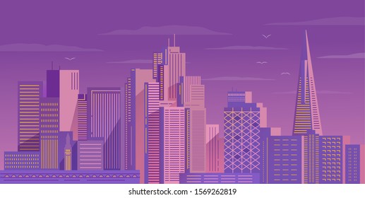 Downtown San Francisco night.  American city skyscrapers.Flat Vector Illustration.