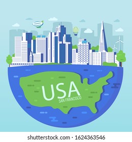 Downtown San Francisco.Skyline american city.Usa map.Green city concept.Cityscape with skyscrapers, solar panels, wind turbines.