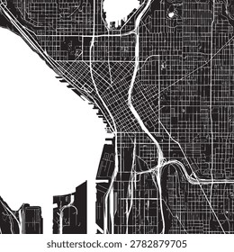 Downtown Seattle Washington Vector Map, Detailed District Street Map Black and White Minimalist Line Art