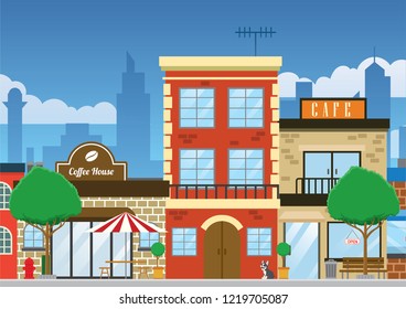 downtown shopping street in clean flat style