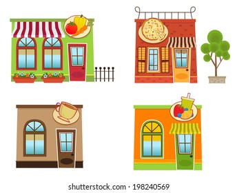 Downtown Shops - Set of four colorful downtown style shops. Eps10