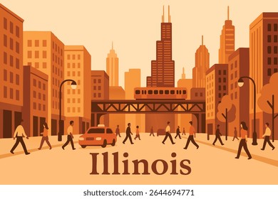 O horizonte do centro de Chicago, iluminado ao pôr do sol e ao anoitecer, apresenta uma paisagem urbana deslumbrante, com arranha-céus altos e a Riverwalk oferecendo vistas espetaculares