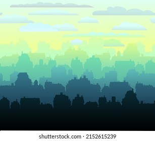 Skyline in der Innenstadt. Horizontale nahtlose Komposition. Kleine Stadthäuser Wohnquartiere. Stadtlandschaft mit Gebäuden. Wohnsilhouetten. Vektorgrafik